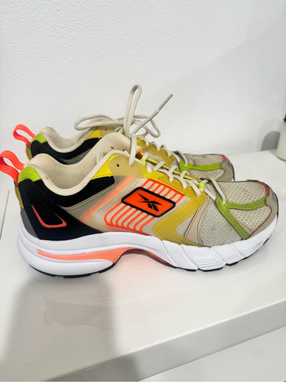 Reebok Men’s Beige Sneakers with Yellow, Neon Green & Coral Accents